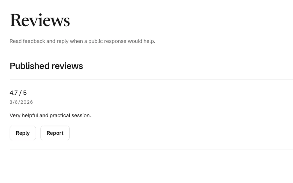 A fictional Moned expert workspace showing completed-session reviews