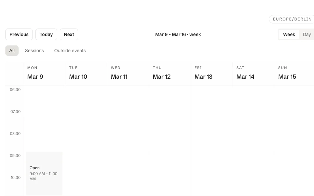 A fictional Moned availability view showing session times
