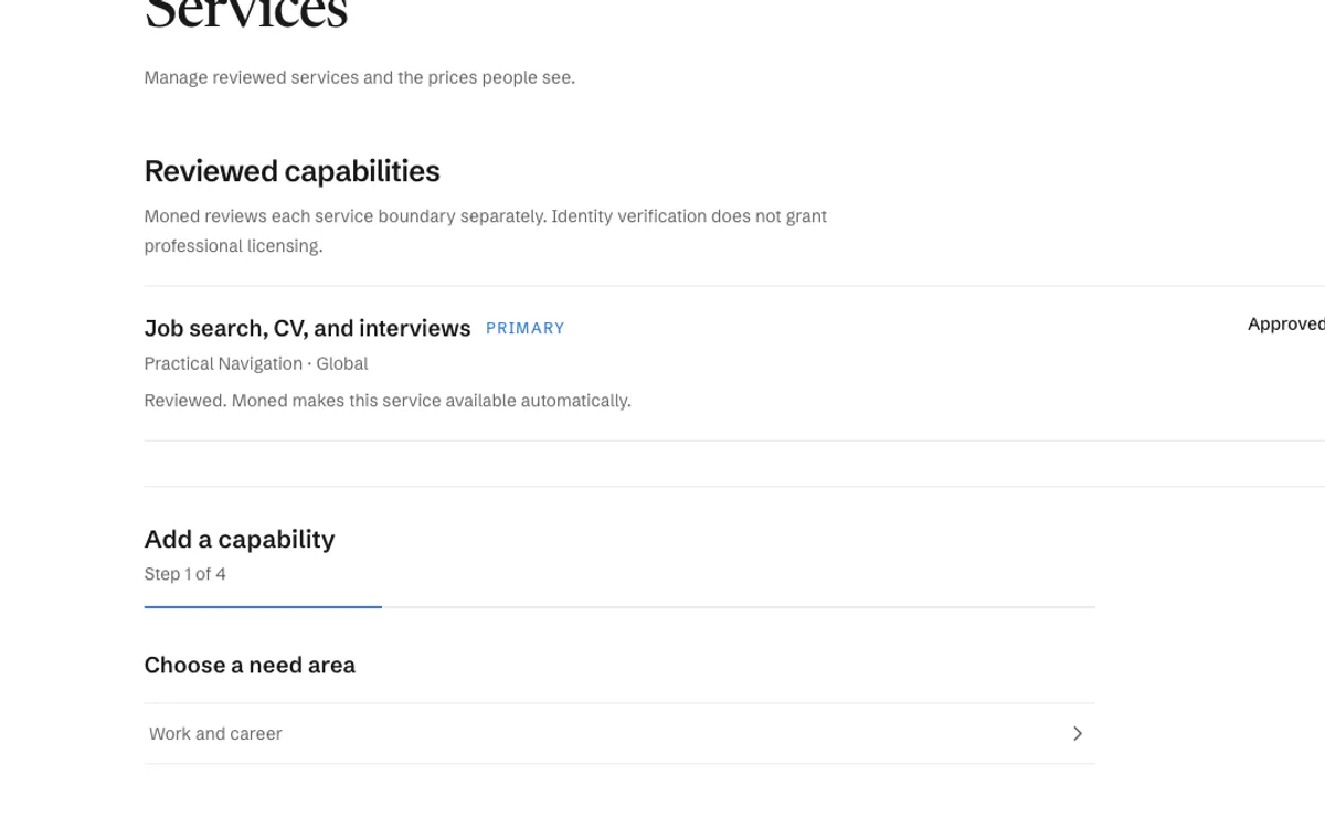 Fictional reviewed services and service scope in Moned