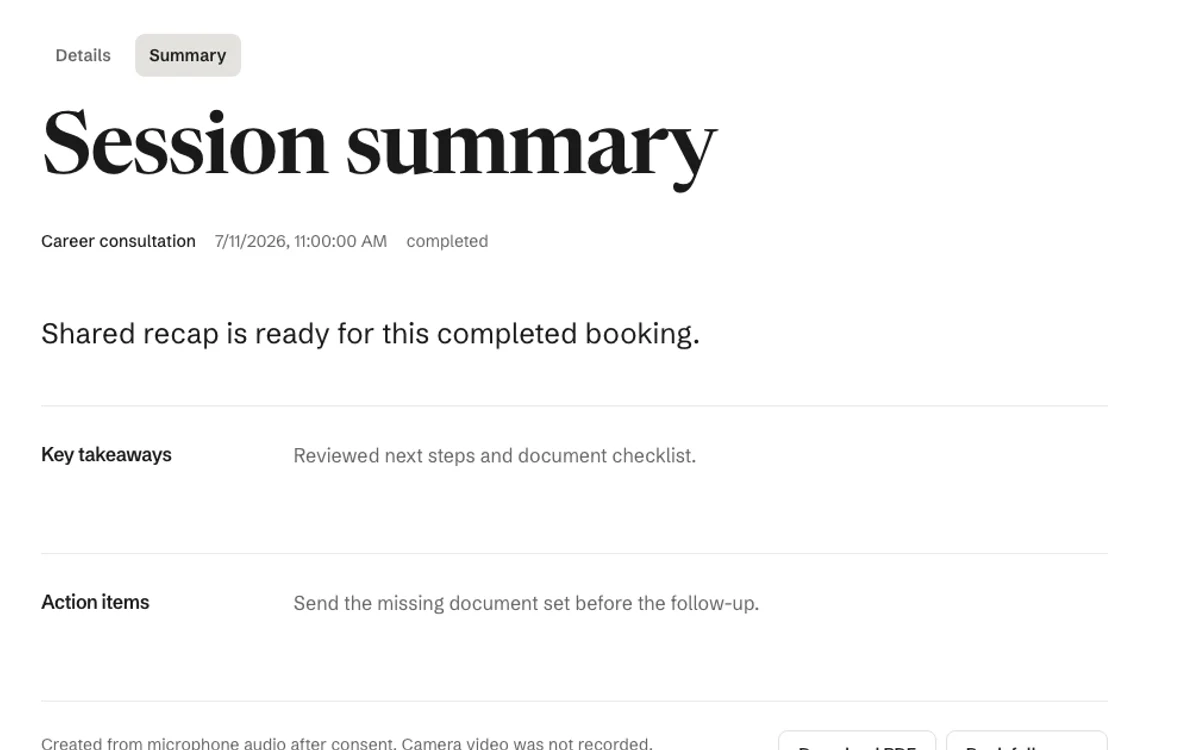 A fictional Moned session summary showing consented follow-up information